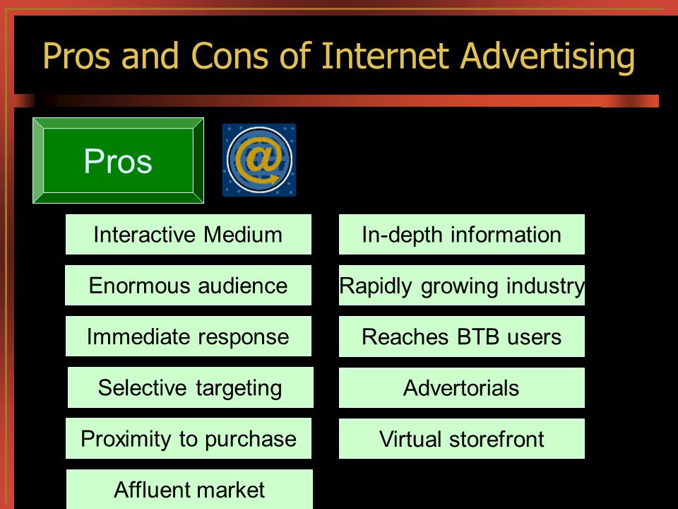 Pros and Cons of Internet Advertising Pros Interactive Medium Enormous audience Immediate response Selective targeting Proximity to purchase In-depth information Rapidly growing industry Affluent market Reaches BTB users Advertorials Virtual storefront