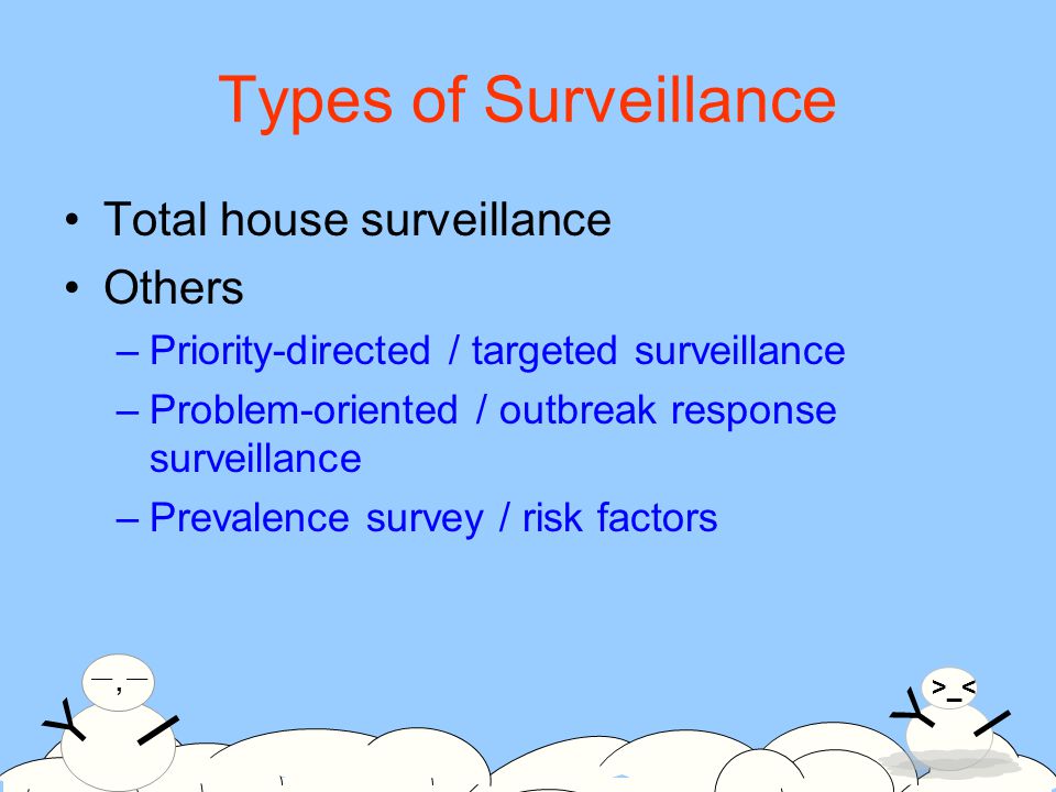 Y >_< I Y 一,一一,一 I Types of Surveillance Total house surveillance Others –Priority-directed / targeted surveillance –Problem-oriented / outbreak response surveillance –Prevalence survey / risk factors