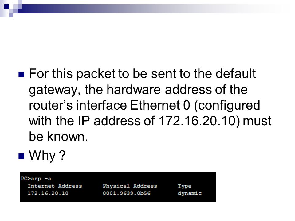 For this packet to be sent to the default gateway, the hardware address of the router’s interface Ethernet 0 (configured with the IP address of ) must be known.