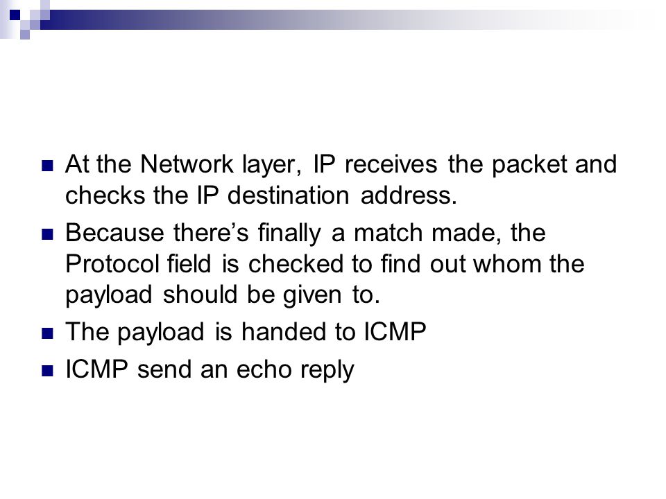 At the Network layer, IP receives the packet and checks the IP destination address.