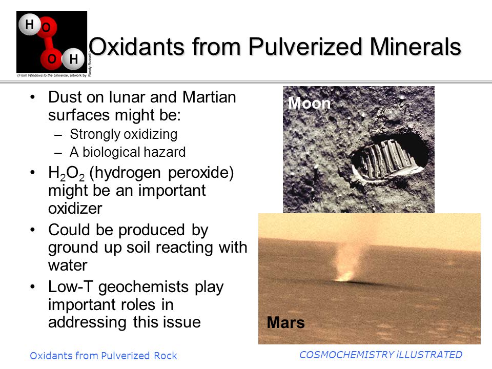 Oxidants from Pulverized Rock COSMOCHEMISTRY iLLUSTRATED Oxidants from Pulverized Minerals Dust on lunar and Martian surfaces might be: –Strongly oxidizing –A biological hazard H 2 O 2 (hydrogen peroxide) might be an important oxidizer Could be produced by ground up soil reacting with water Low-T geochemists play important roles in addressing this issue Moon Mars
