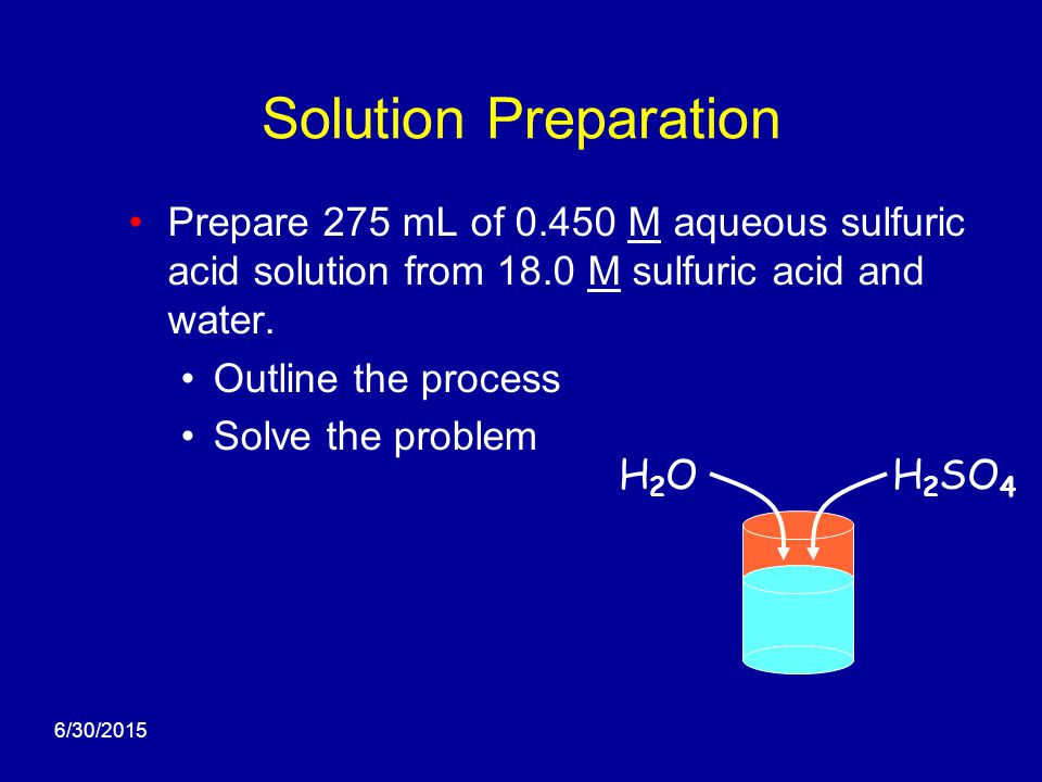 Prepare 500. mL of 3.0 M sulfuric acid from sulfur trioxide gas and water.