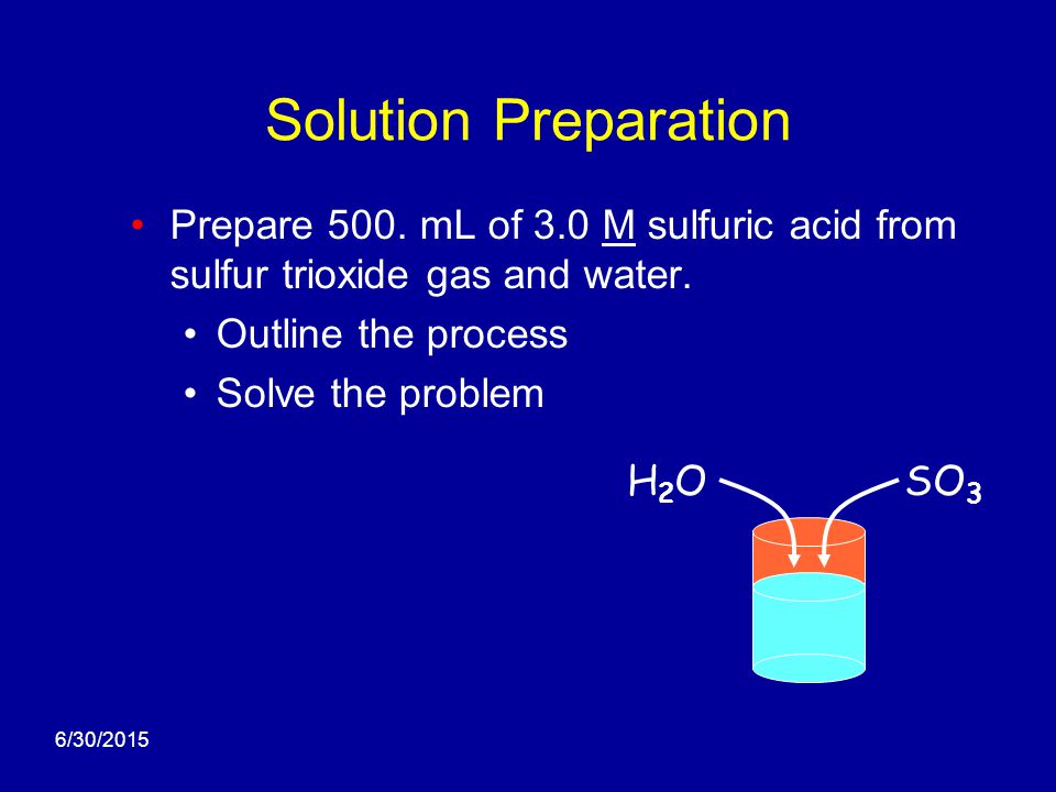 6/30/2015 Preparation of Solutions From pure compounds By the mixture of a solid and a solution By the mixture of two solutions Note: masses are always additive volumes involving concentrated solutions may not be additive