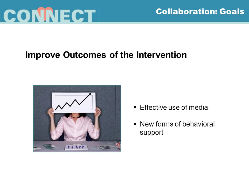  Effective use of media  New forms of behavioral support Collaboration: Goals Improve Outcomes of the Intervention