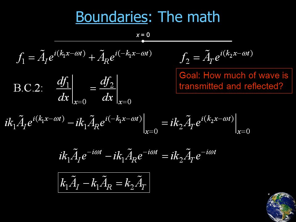 Boundaries: The math x = 0 Goal: How much of wave is transmitted and reflected