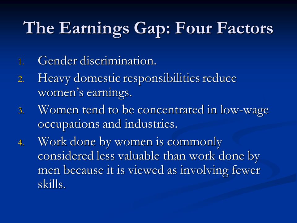 The Earnings Gap: Four Factors 1. Gender discrimination.