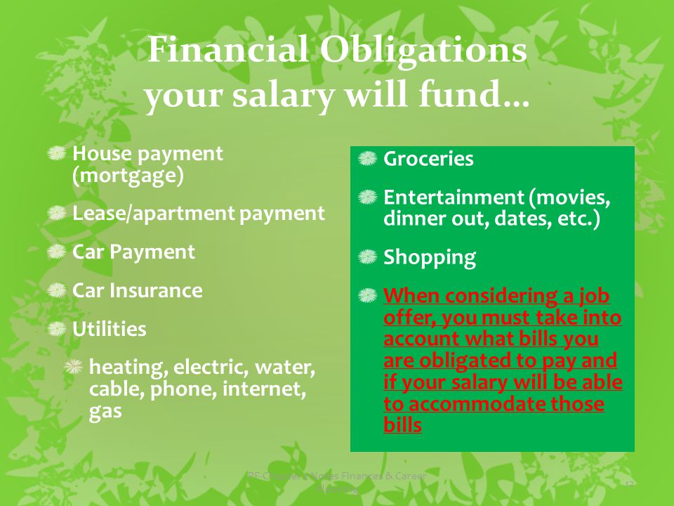 Financial Obligations your salary will fund… House payment (mortgage) Lease/apartment payment Car Payment Car Insurance Utilities heating, electric, water, cable, phone, internet, gas Groceries Entertainment (movies, dinner out, dates, etc.) Shopping When considering a job offer, you must take into account what bills you are obligated to pay and if your salary will be able to accommodate those bills PF-Chapter 2 Notes Finances & Career Planning 12