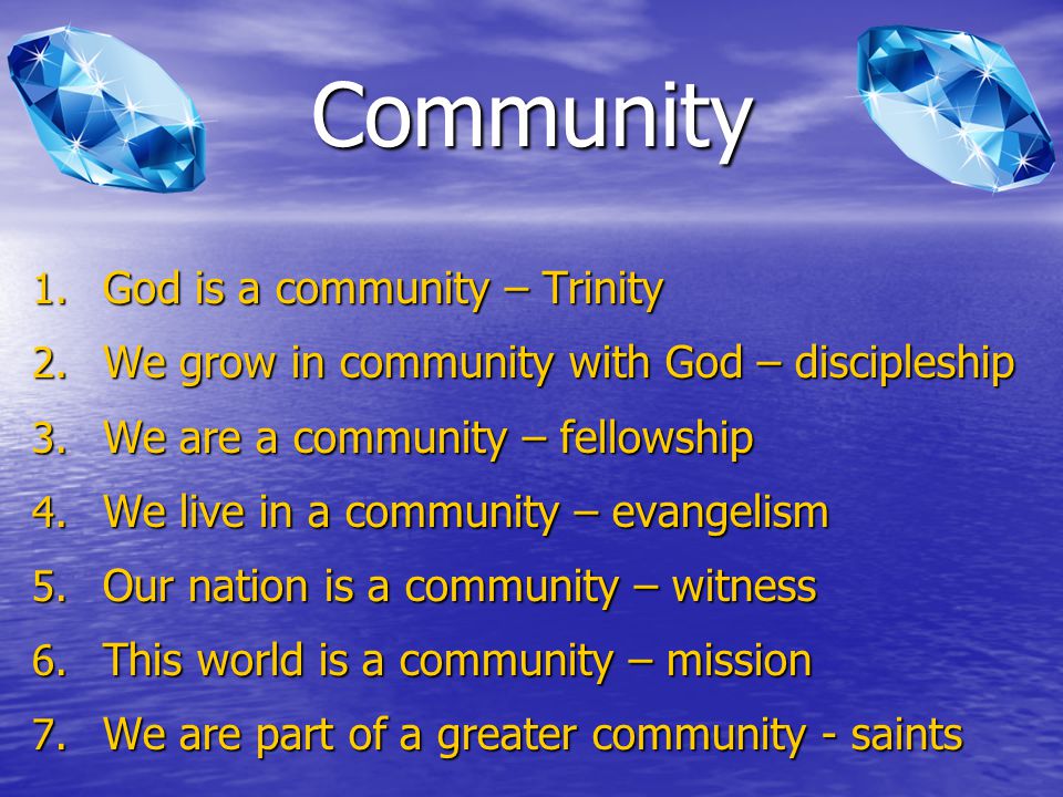 Community 1. God is a community – Trinity 2. We grow in community with God – discipleship 3.