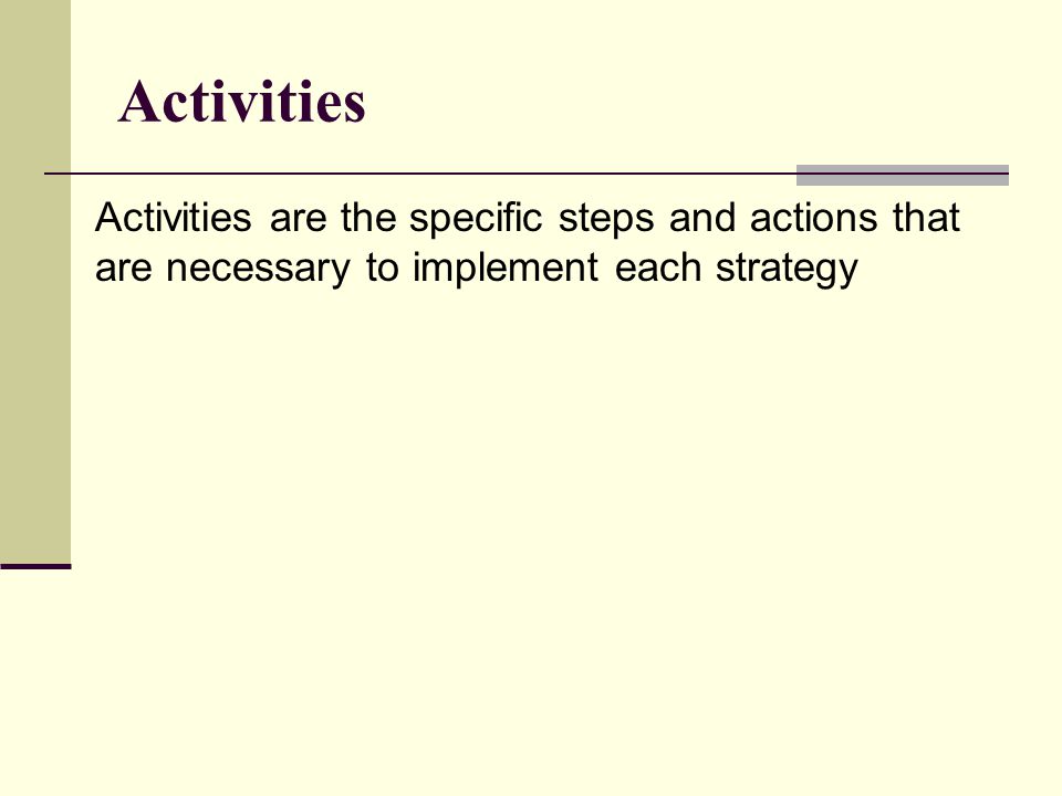 Activities Activities are the specific steps and actions that are necessary to implement each strategy