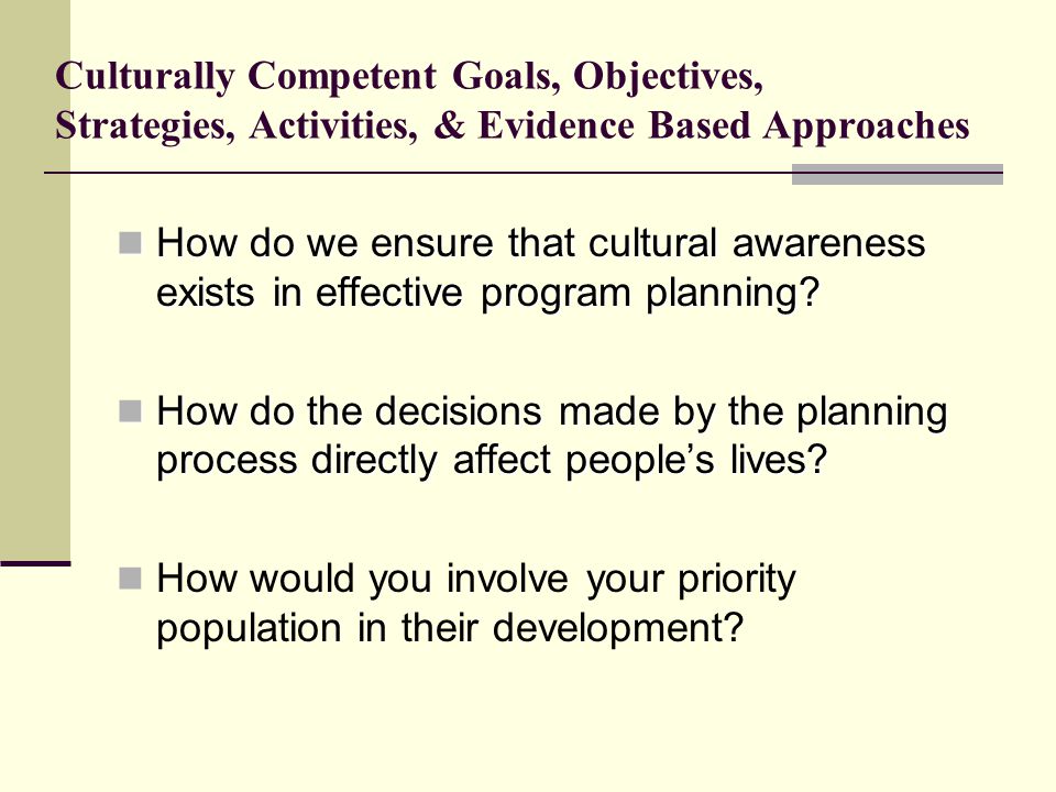 Culturally Competent Goals, Objectives, Strategies, Activities, & Evidence Based Approaches How do we ensure that cultural awareness exists in effective program planning.