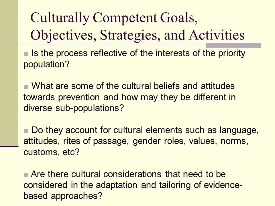 Culturally Competent Goals, Objectives, Strategies, and Activities ■ Is the process reflective of the interests of the priority population.