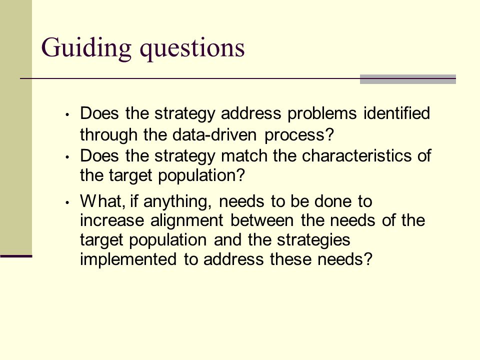 Guiding questions Does the strategy address problems identified through the data-driven process.
