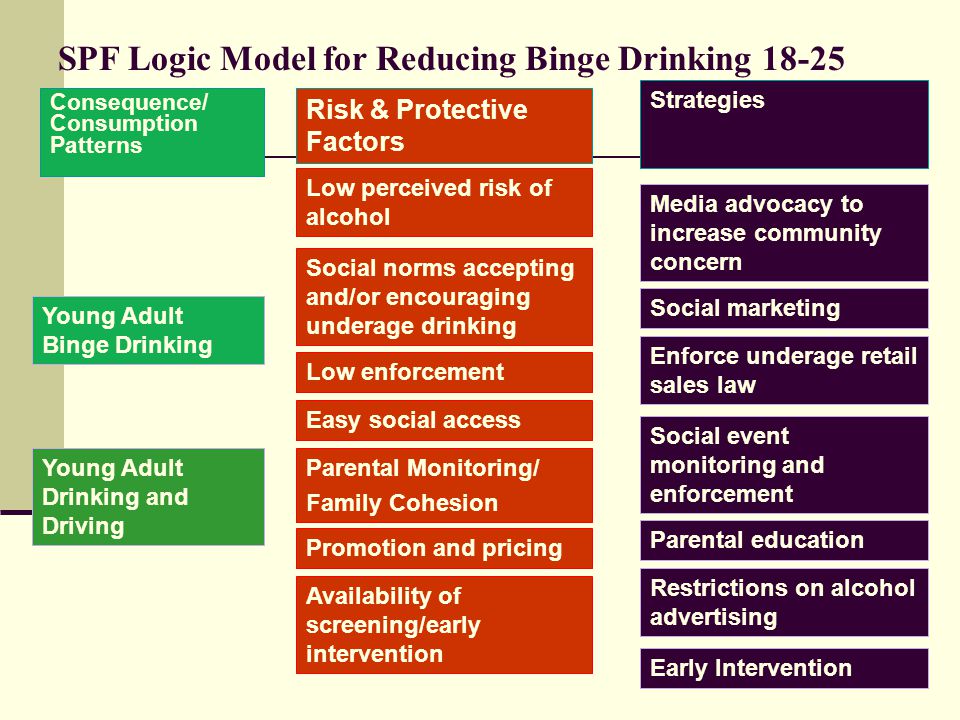 SPF Logic Model for Reducing Binge Drinking Consequence/ Consumption Patterns Risk & Protective Factors Strategies Media advocacy to increase community concern Social marketing Enforce underage retail sales law Social event monitoring and enforcement Parental education Restrictions on alcohol advertising Young Adult Binge Drinking Young Adult Drinking and Driving Early Intervention Low perceived risk of alcohol Social norms accepting and/or encouraging underage drinking Low enforcement Easy social access Parental Monitoring/ Family Cohesion Promotion and pricing Availability of screening/early intervention