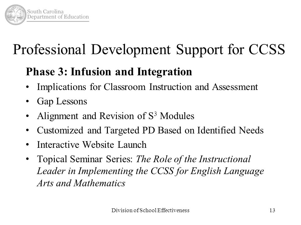 Professional Development Support for CCSS Phase 3: Infusion and Integration Implications for Classroom Instruction and Assessment Gap Lessons Alignment and Revision of S 3 Modules Customized and Targeted PD Based on Identified Needs Interactive Website Launch Topical Seminar Series: The Role of the Instructional Leader in Implementing the CCSS for English Language Arts and Mathematics Division of School Effectiveness13