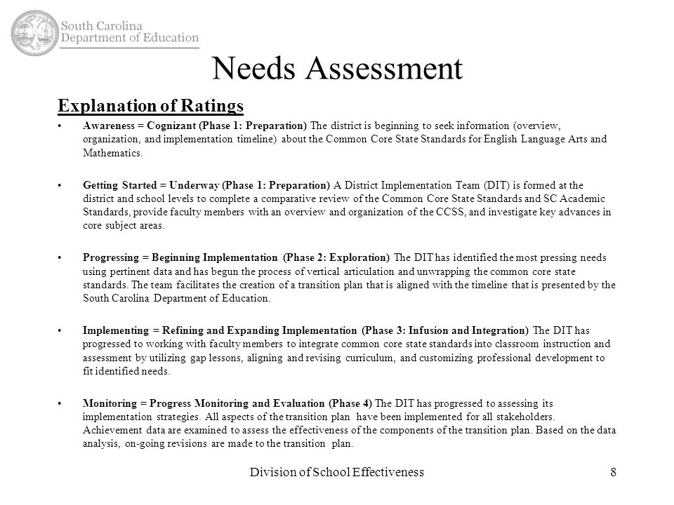 Needs Assessment Explanation of Ratings Awareness = Cognizant (Phase 1: Preparation) The district is beginning to seek information (overview, organization, and implementation timeline) about the Common Core State Standards for English Language Arts and Mathematics.