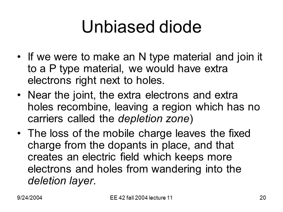 9/24/2004EE 42 fall 2004 lecture 1120 Unbiased diode If we were to make an N type material and join it to a P type material, we would have extra electrons right next to holes.
