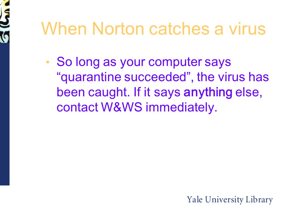 When Norton catches a virus So long as your computer says quarantine succeeded , the virus has been caught.