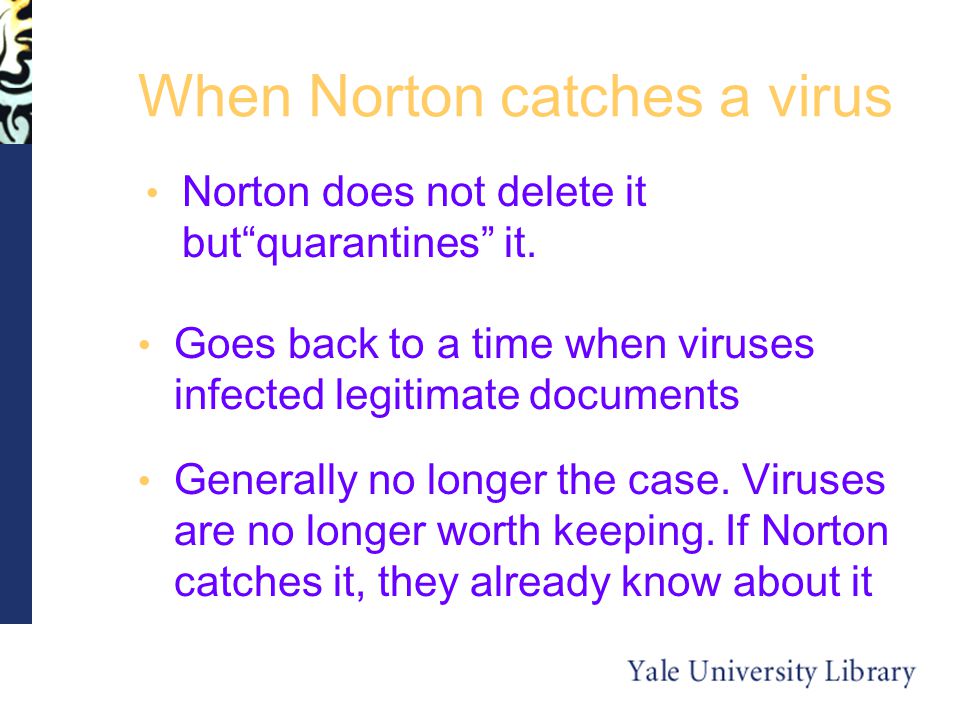 When Norton catches a virus Norton does not delete it but quarantines it.