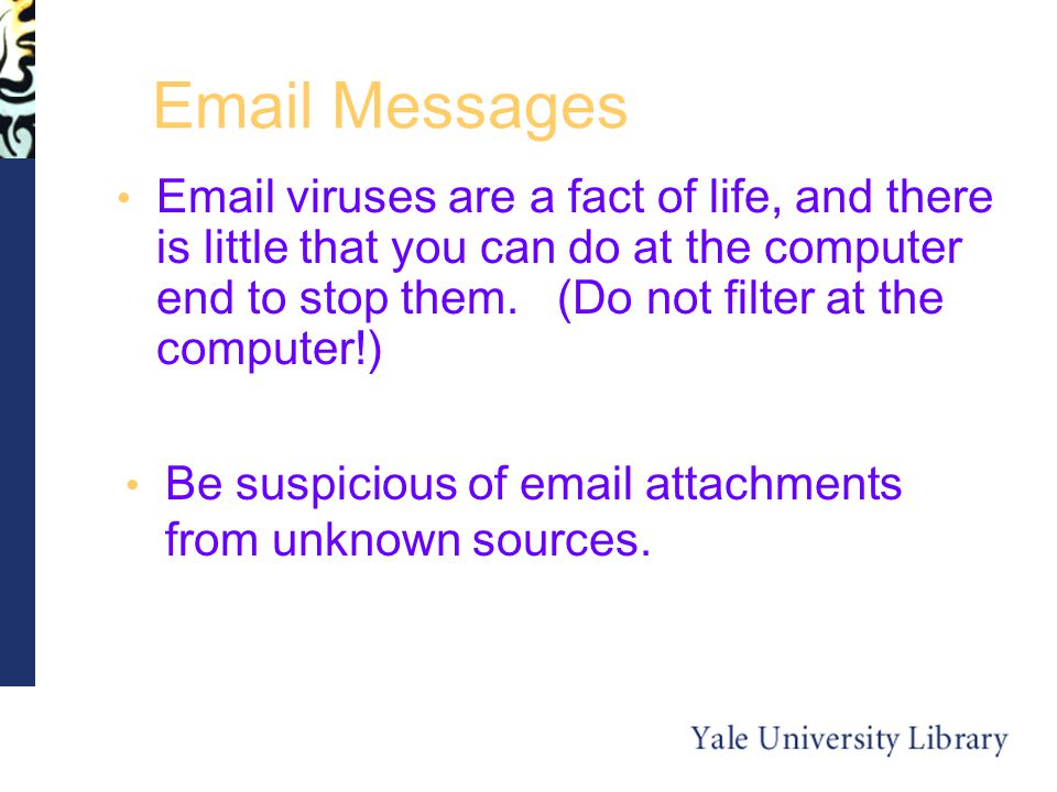 Messages  viruses are a fact of life, and there is little that you can do at the computer end to stop them.