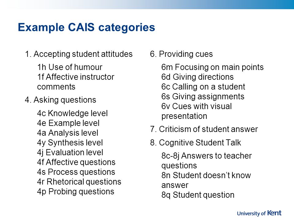Example CAIS categories 1.