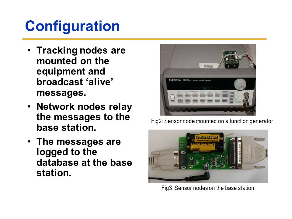 Configuration Tracking nodes are mounted on the equipment and broadcast ‘alive’ messages.