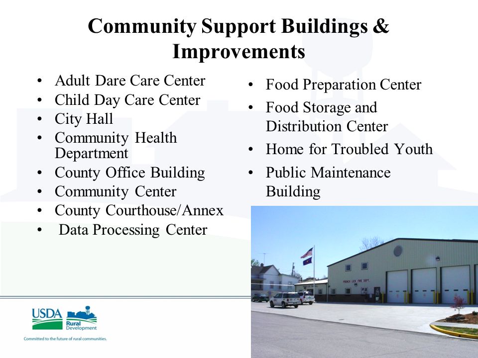 Community Support Buildings & Improvements Adult Dare Care Center Child Day Care Center City Hall Community Health Department County Office Building Community Center County Courthouse/Annex Data Processing Center Food Preparation Center Food Storage and Distribution Center Home for Troubled Youth Public Maintenance Building