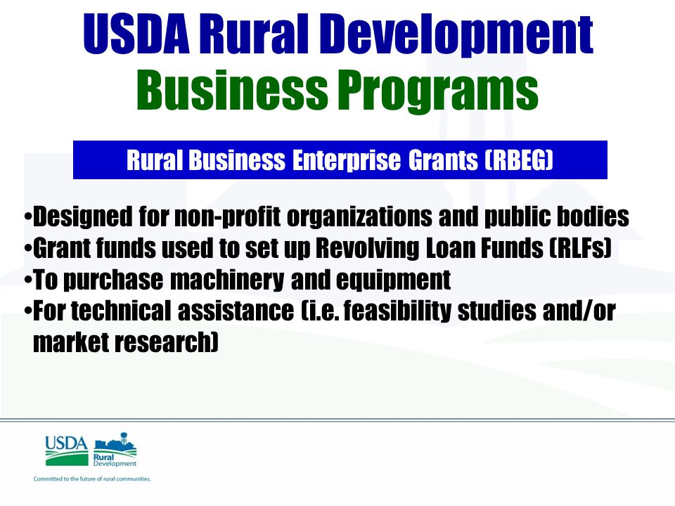 USDA Rural Development Business Programs Rural Business Enterprise Grants (RBEG) Designed for non-profit organizations and public bodies Grant funds used to set up Revolving Loan Funds (RLFs) To purchase machinery and equipment For technical assistance (i.e.