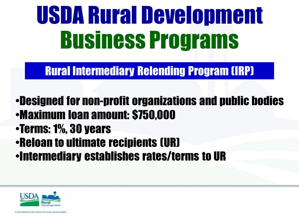 USDA Rural Development Business Programs Rural Intermediary Relending Program (IRP) Designed for non-profit organizations and public bodies Maximum loan amount: $750,000 Terms: 1%, 30 years Reloan to ultimate recipients (UR) Intermediary establishes rates/terms to UR