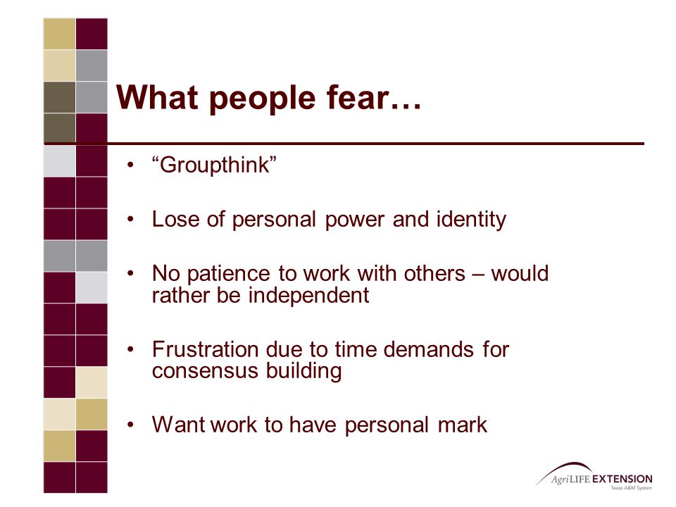 What people fear… Groupthink Lose of personal power and identity No patience to work with others – would rather be independent Frustration due to time demands for consensus building Want work to have personal mark