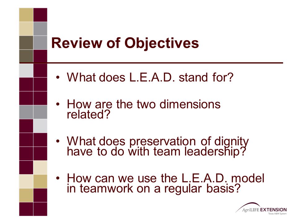Review of Objectives What does L.E.A.D. stand for.