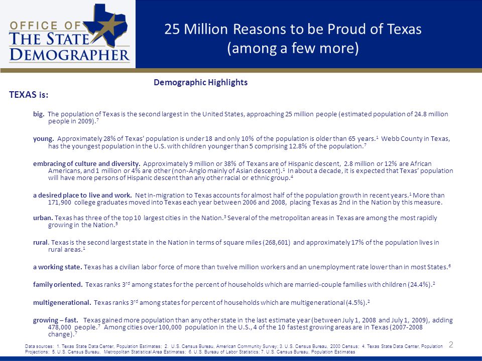 25 Million Reasons to be Proud of Texas (among a few more) Demographic Highlights TEXAS is: big.