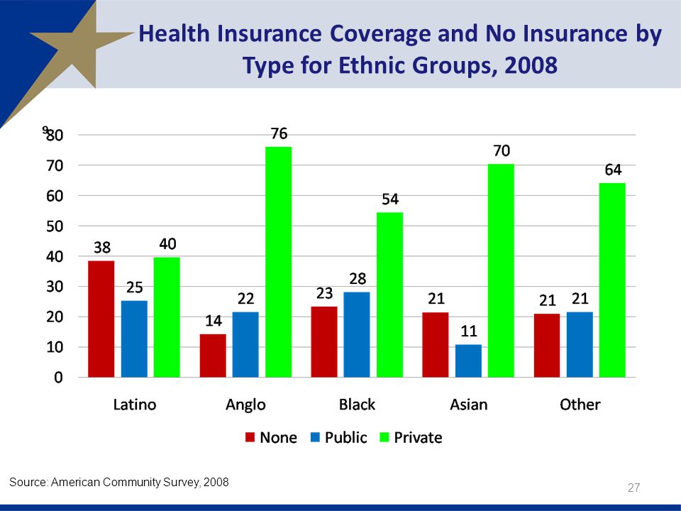 Health Insurance Coverage and No Insurance by Type for Ethnic Groups, Source: American Community Survey, 2008