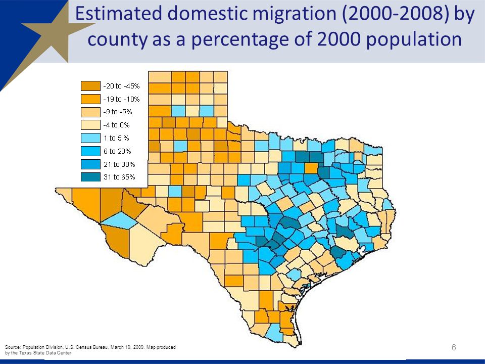 Estimated domestic migration ( ) by county as a percentage of 2000 population Source: Population Division, U.S.