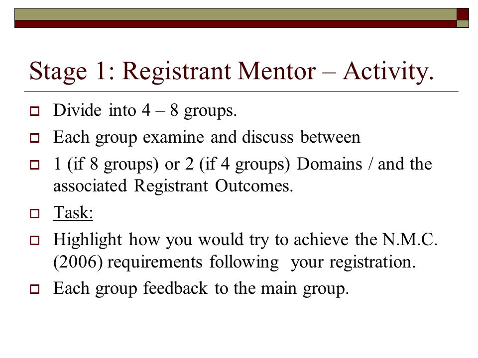 Stage 1: Registrant Mentor – Activity.  Divide into 4 – 8 groups.