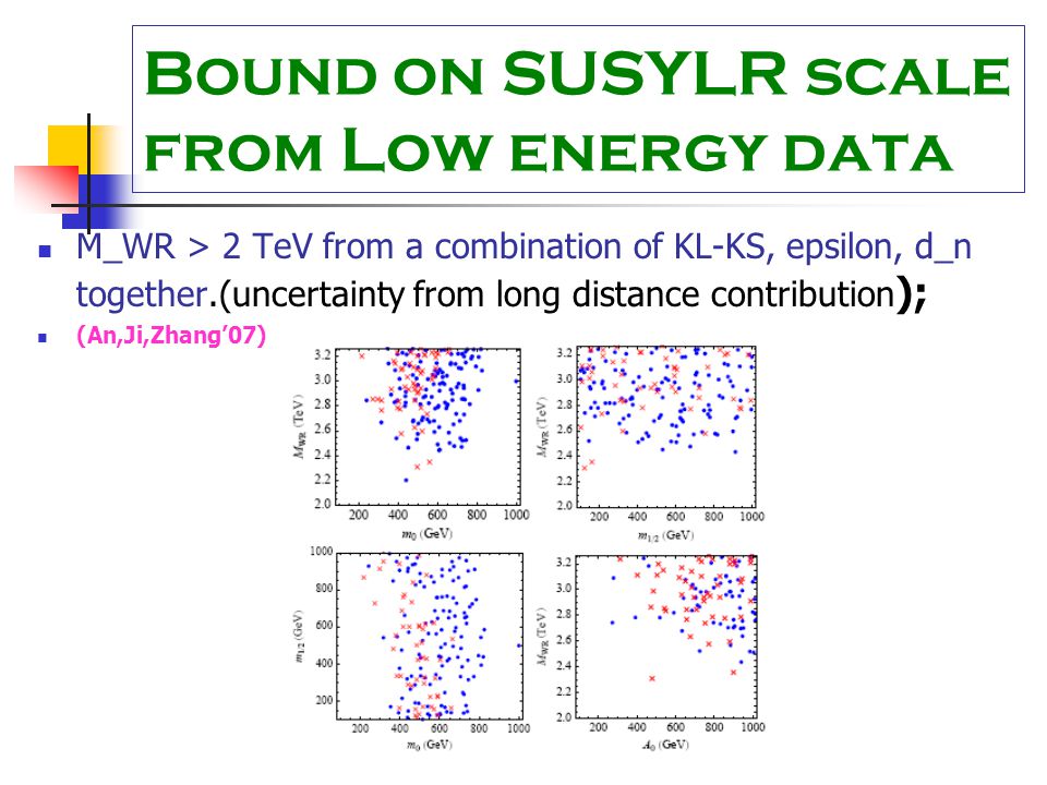 Bound on SUSYLR scale from Low energy data M_WR > 2 TeV from a combination of KL-KS, epsilon, d_n together.(uncertainty from long distance contribution ); (An,Ji,Zhang’07)