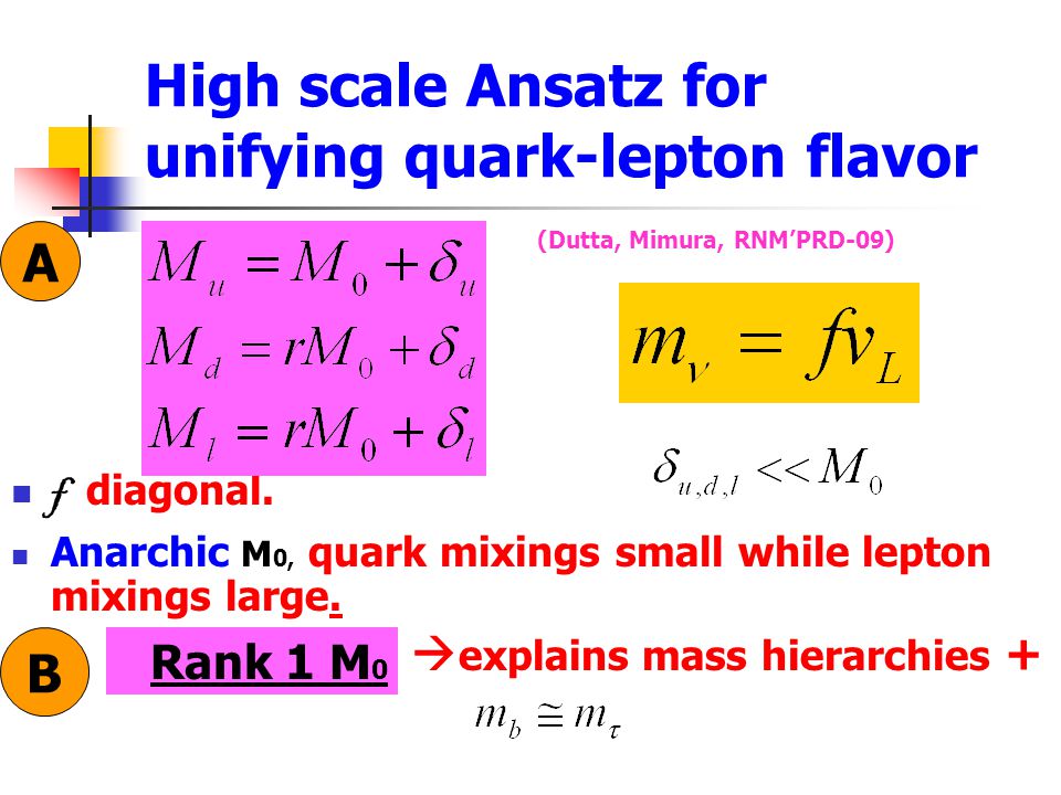 High scale Ansatz for unifying quark-lepton flavor (Dutta, Mimura, RNM’PRD-09) f diagonal.
