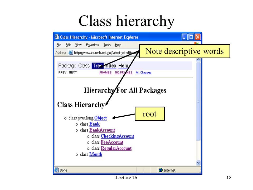 Lecture 1618 Class hierarchy Note descriptive words root