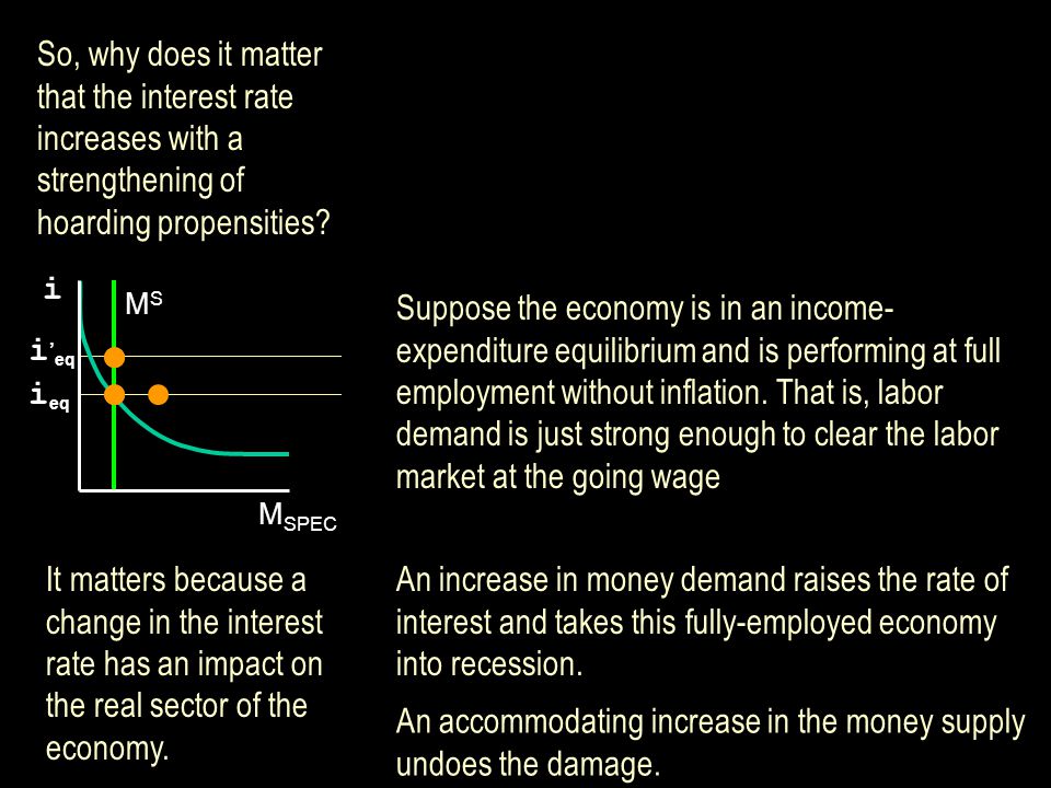 M SPEC i eq MSMS i With an economy performing at full- employment without inflation, Keynes argued that changes in money demand be accommodated by corresponding changes in the money supply.