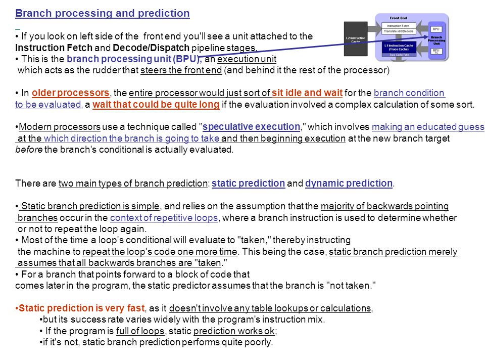 Branch processing and prediction If you look on left side of the front end you ll see a unit attached to the Instruction Fetch and Decode/Dispatch pipeline stages.