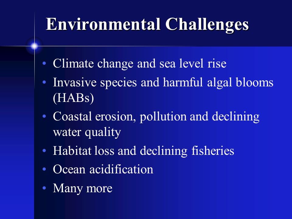 Environmental Challenges Climate change and sea level rise Invasive species and harmful algal blooms (HABs) Coastal erosion, pollution and declining water quality Habitat loss and declining fisheries Ocean acidification Many more