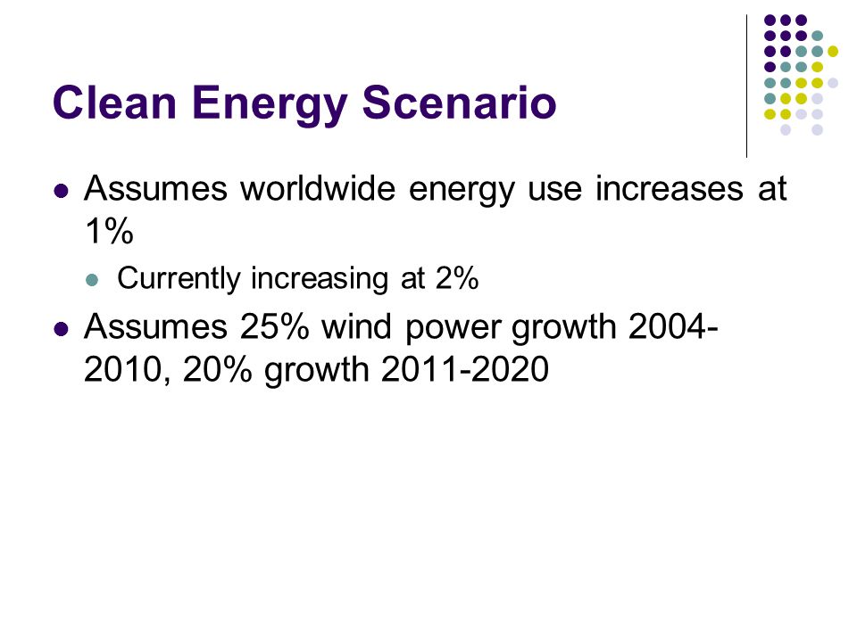 Clean Energy Scenario Assumes worldwide energy use increases at 1% Currently increasing at 2% Assumes 25% wind power growth , 20% growth