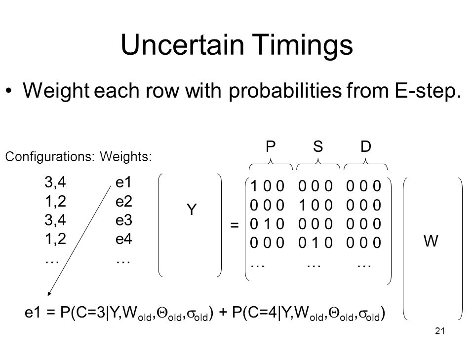 21 Uncertain Timings … … … PD e1 e2 e3 e4 … S Y = W 3,4 1,2 3,4 1,2 … Configurations:Weights: e1 = P(C=3|Y,W old,  old,  old ) + P(C=4|Y,W old,  old,  old ) Weight each row with probabilities from E-step.