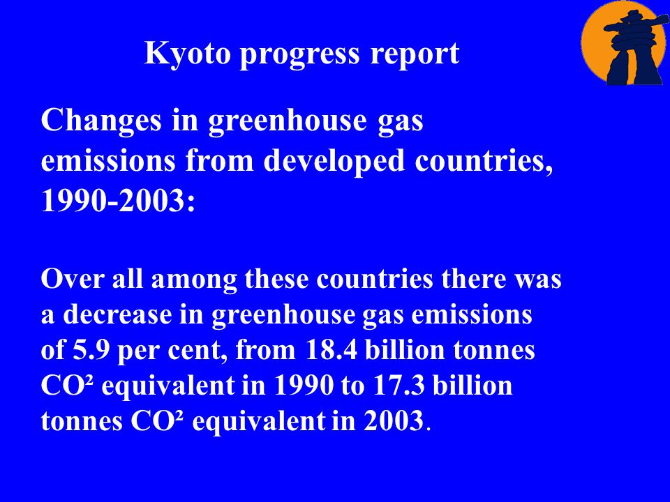 Kyoto progress report Changes in greenhouse gas emissions from developed countries, : Over all among these countries there was a decrease in greenhouse gas emissions of 5.9 per cent, from 18.4 billion tonnes CO² equivalent in 1990 to 17.3 billion tonnes CO² equivalent in 2003.