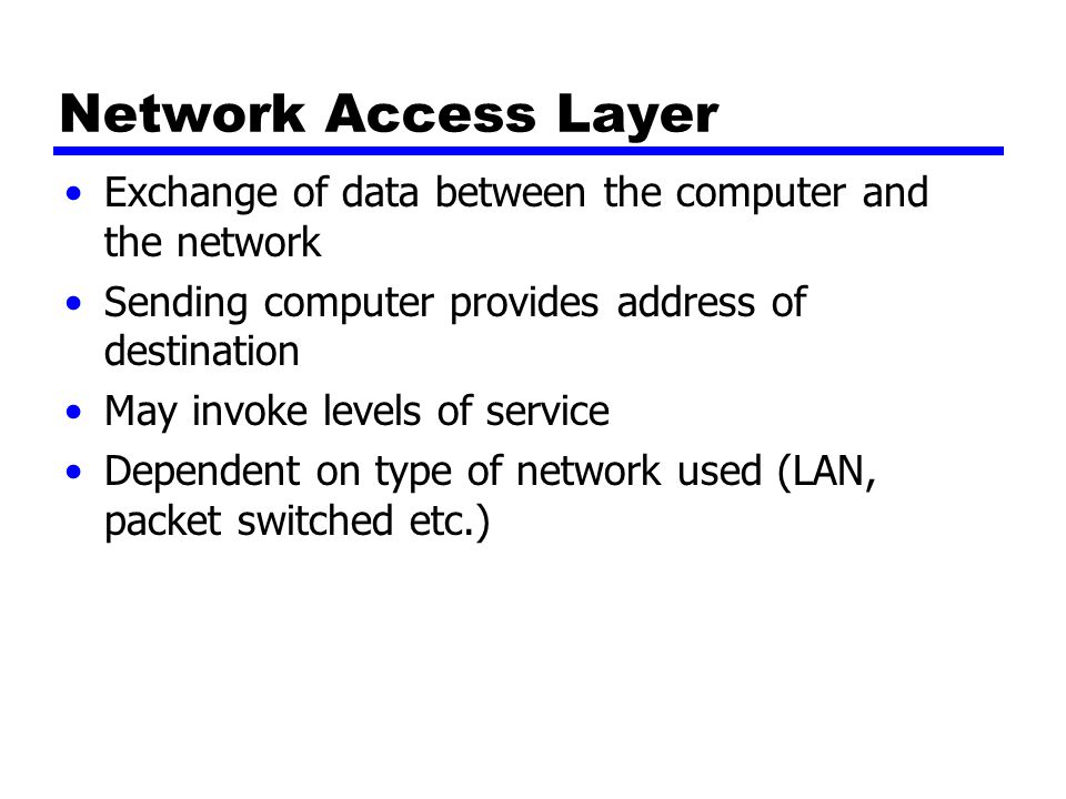 Network Access Layer Exchange of data between the computer and the network Sending computer provides address of destination May invoke levels of service Dependent on type of network used (LAN, packet switched etc.)