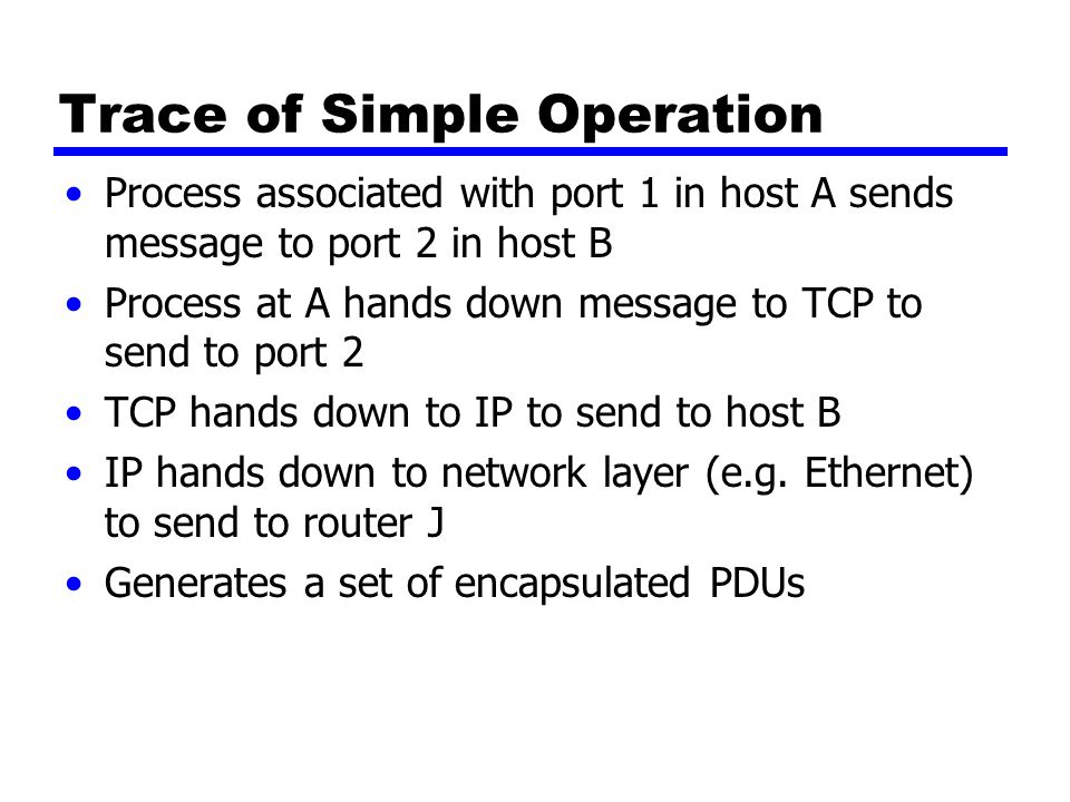 Trace of Simple Operation Process associated with port 1 in host A sends message to port 2 in host B Process at A hands down message to TCP to send to port 2 TCP hands down to IP to send to host B IP hands down to network layer (e.g.
