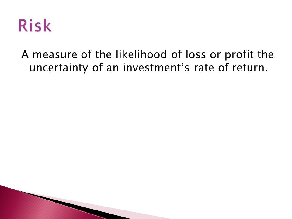 A measure of the likelihood of loss or profit the uncertainty of an investment’s rate of return.
