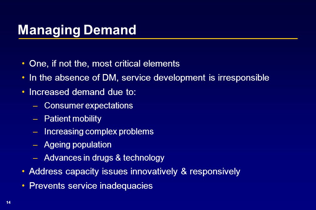 14 Managing Demand One, if not the, most critical elements In the absence of DM, service development is irresponsible Increased demand due to: –Consumer expectations –Patient mobility –Increasing complex problems –Ageing population –Advances in drugs & technology Address capacity issues innovatively & responsively Prevents service inadequacies