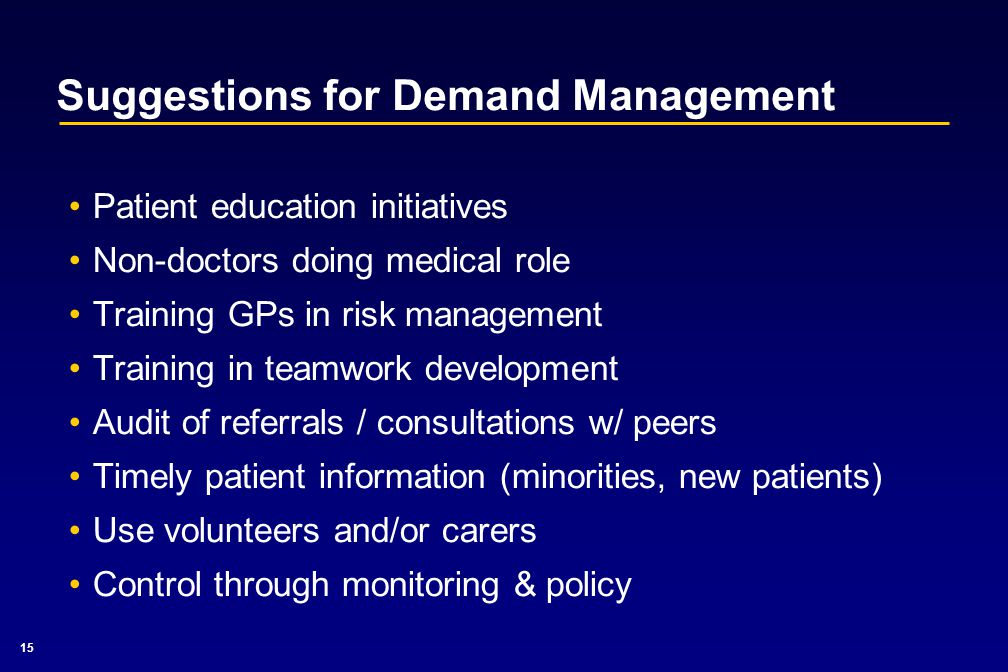 15 Suggestions for Demand Management Patient education initiatives Non-doctors doing medical role Training GPs in risk management Training in teamwork development Audit of referrals / consultations w/ peers Timely patient information (minorities, new patients) Use volunteers and/or carers Control through monitoring & policy