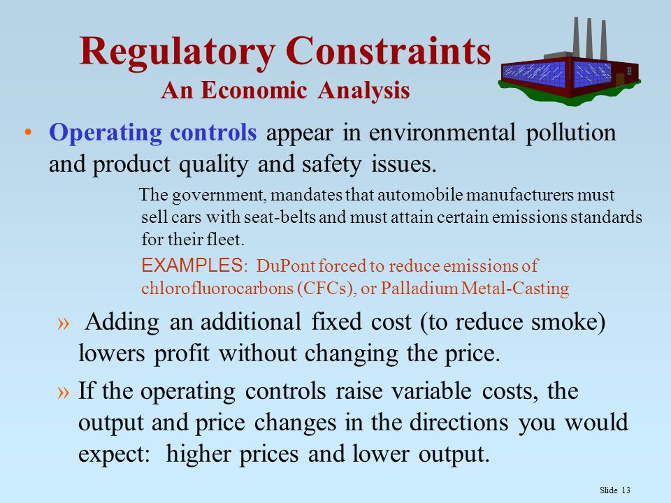 Slide 13 Regulatory Constraints An Economic Analysis Operating controls appear in environmental pollution and product quality and safety issues.