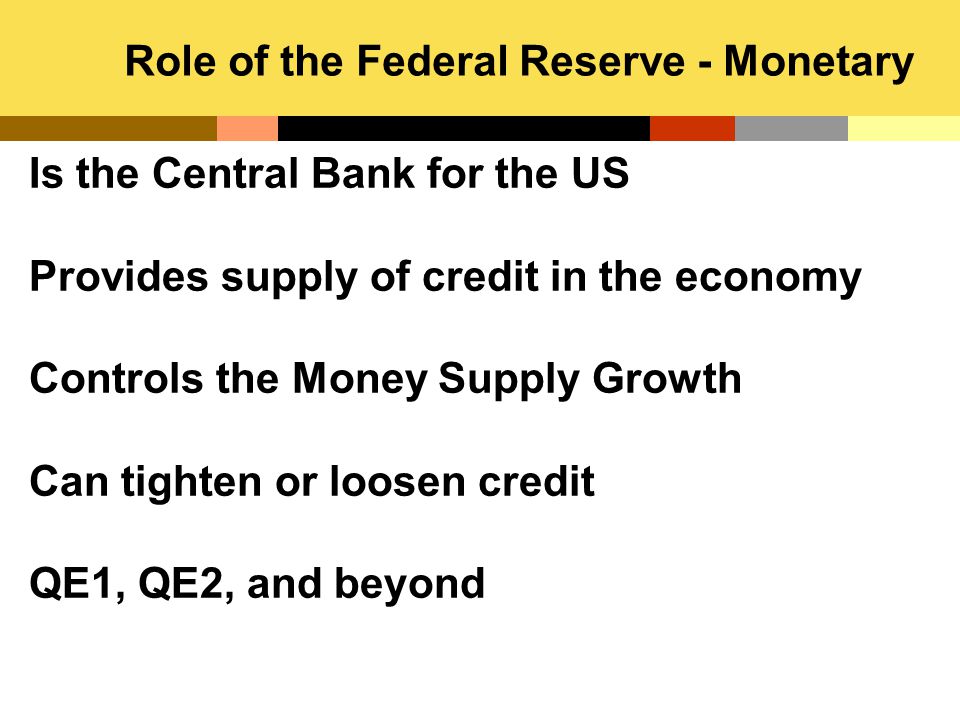 Role of the Federal Reserve - Monetary Is the Central Bank for the US Provides supply of credit in the economy Controls the Money Supply Growth Can tighten or loosen credit QE1, QE2, and beyond